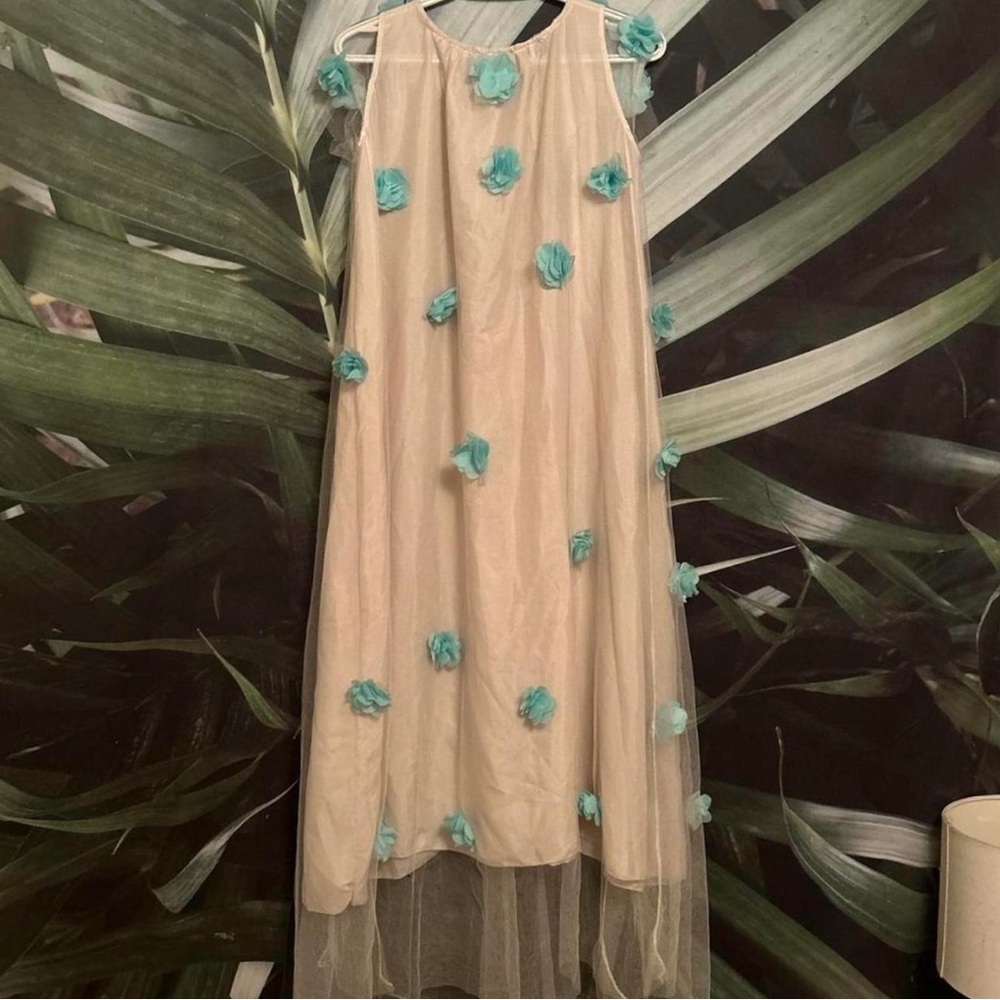 Cream and Blue Midi Sundress with Spaghetti Straps - Picture 4 of 7